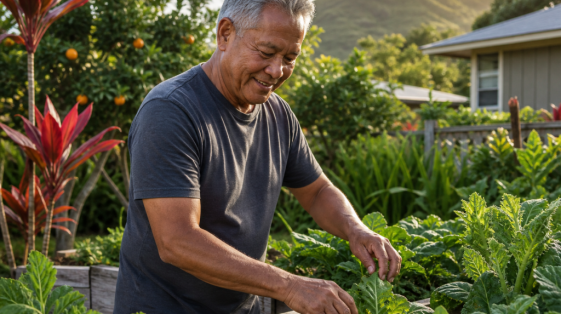 Mature man meditating in a tropical garden with Diamond Head in the distance
