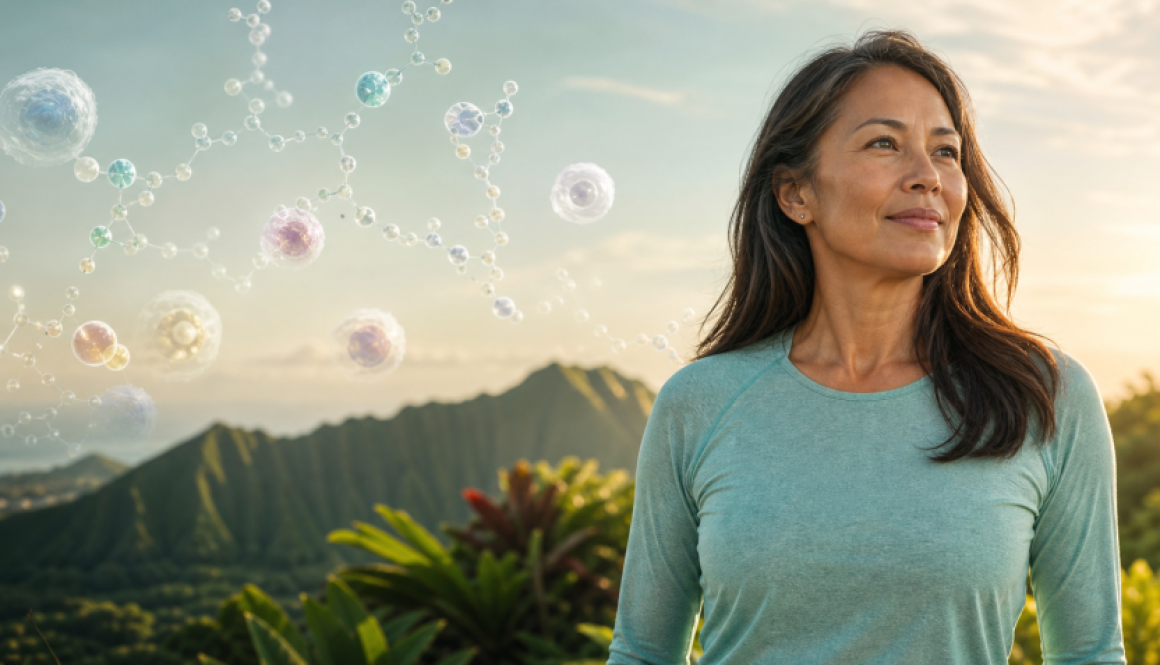 Mature Asian woman surrounded by softly glowing cellular forms