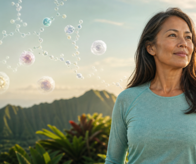 Mature Asian woman surrounded by softly glowing cellular forms