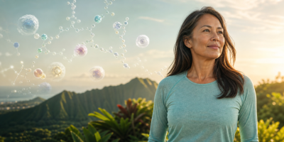 Mature Asian woman surrounded by softly glowing cellular forms