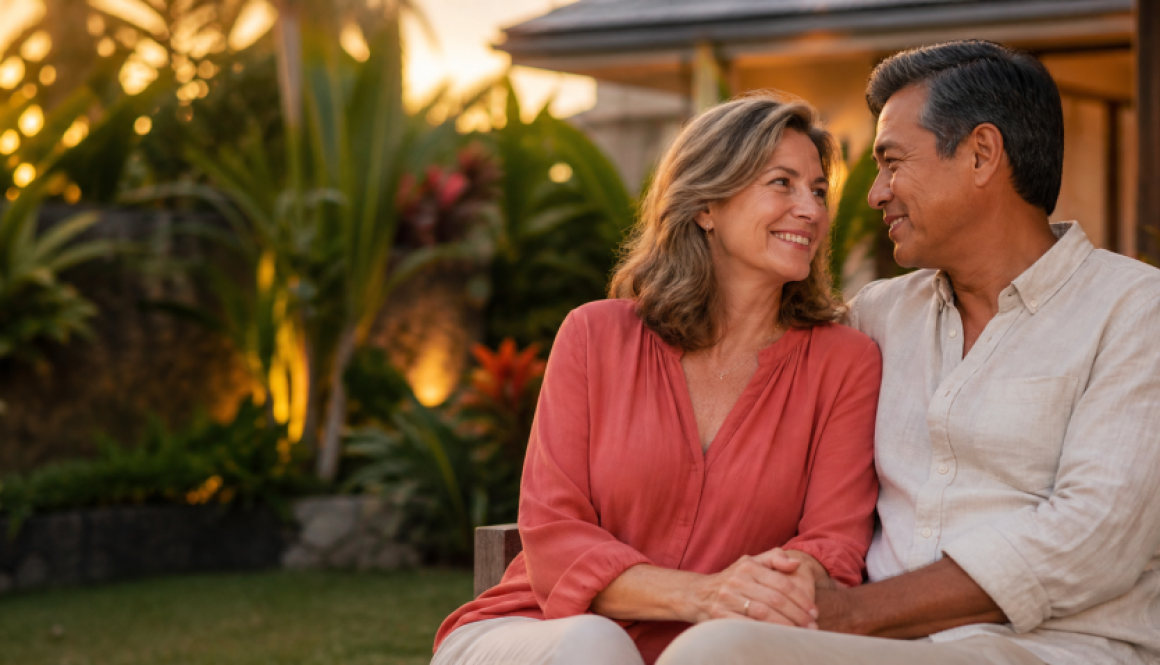 Confident mature couple smiling outdoors in warm evening light