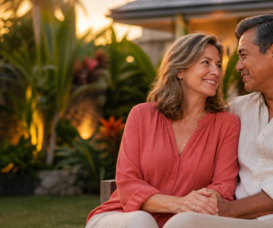 Confident mature couple smiling outdoors in warm evening light