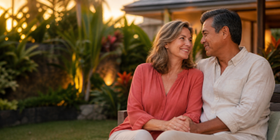 Confident mature couple smiling outdoors in warm evening light